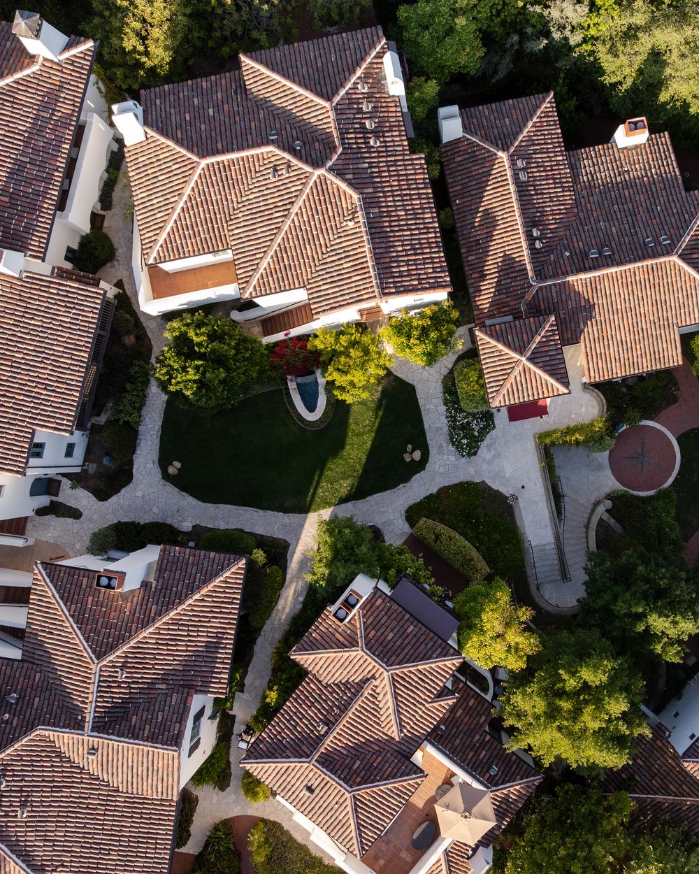 Villa rooftops and gardens from above